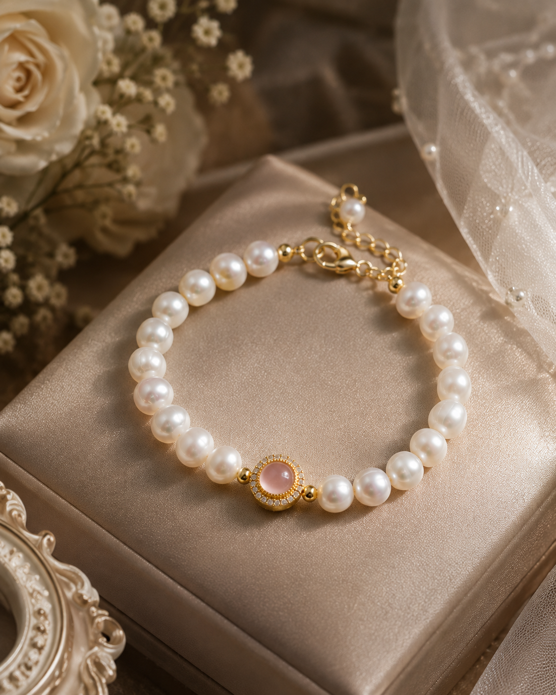 White freshwater pearl bracelet with a round pink centerpiece displayed on a satin jewelry box