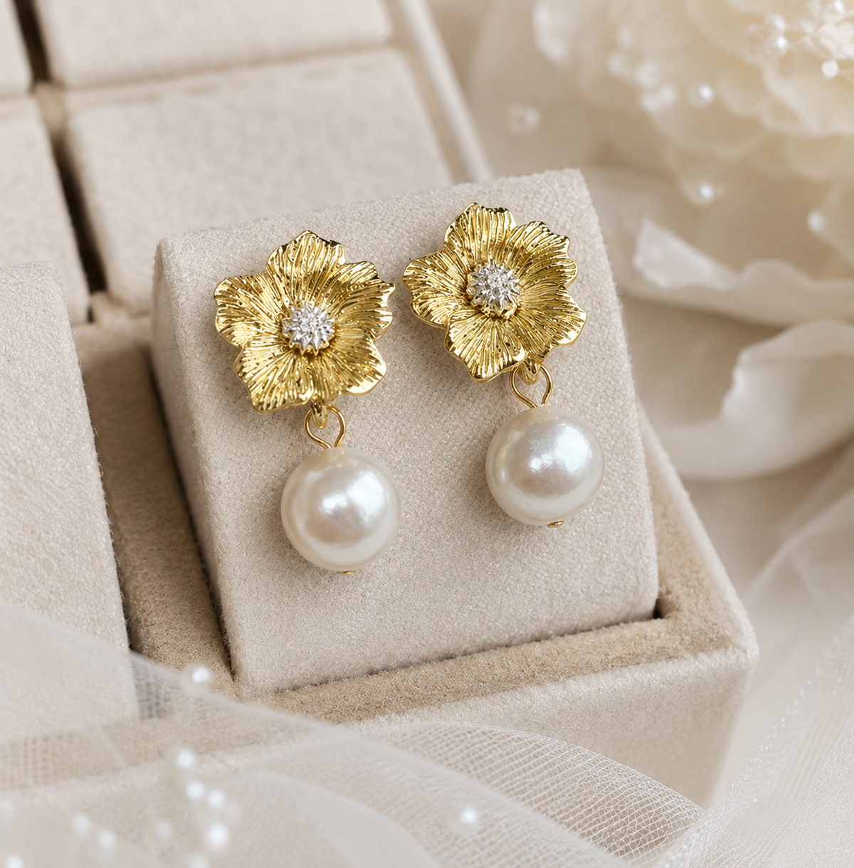 Pair of white freshwater pearl dangle earrings with textured gold-tone flowers