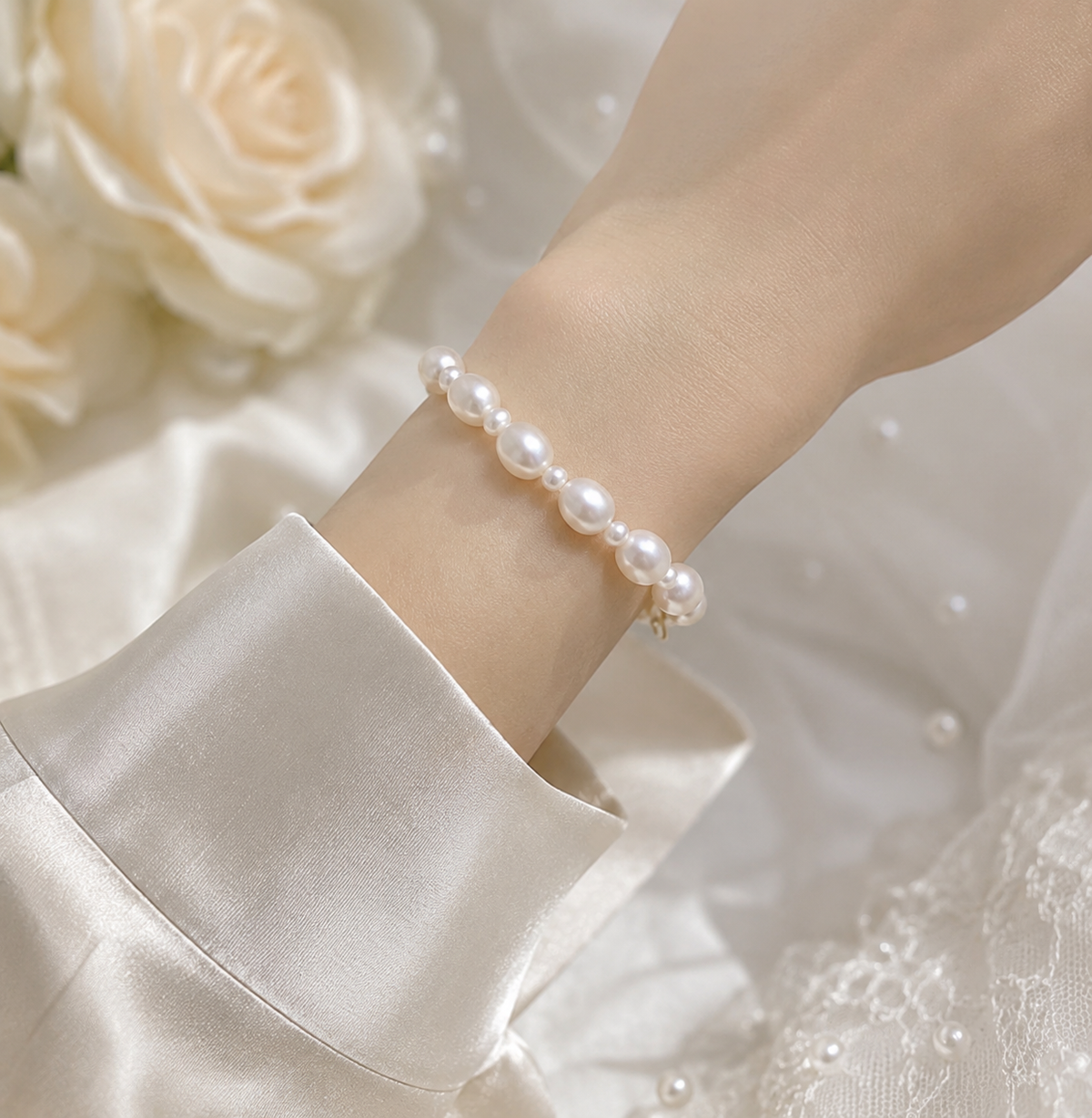 White oval pearl bracelet with round pearl accents worn on a woman’s wrist