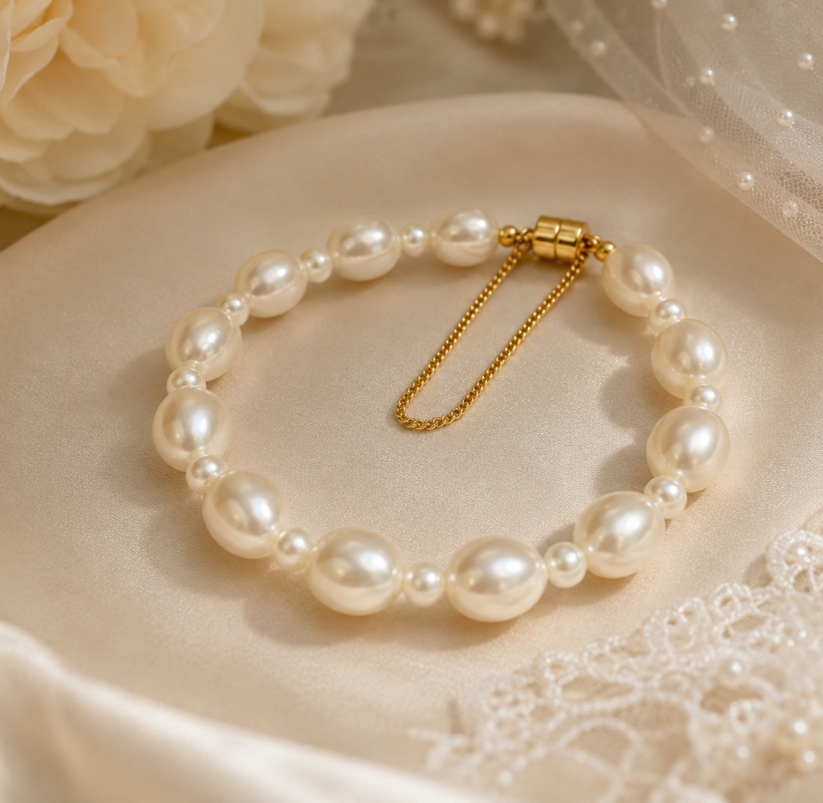 White oval pearl bridal bracelet with a gold-tone magnetic clasp and safety chain