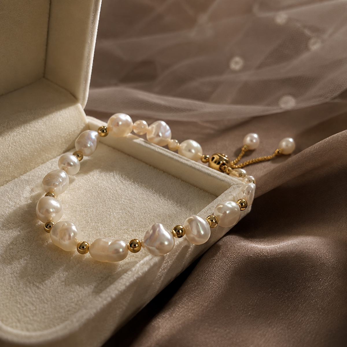 White freshwater pearl adjustable bracelet displayed inside a bridal jewelry box