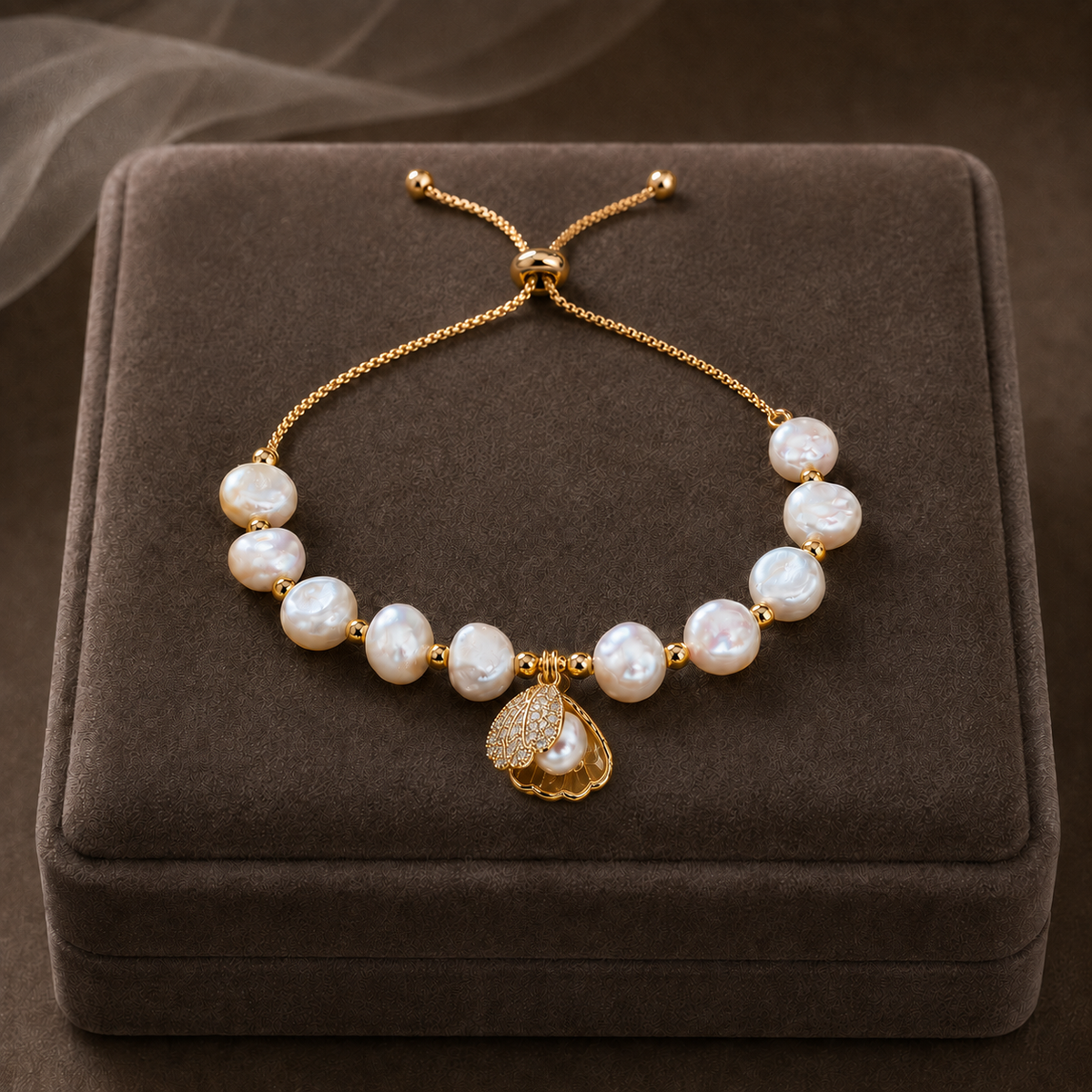 White freshwater pearl adjustable bracelet with a gold-tone open shell charm displayed on a jewelry box