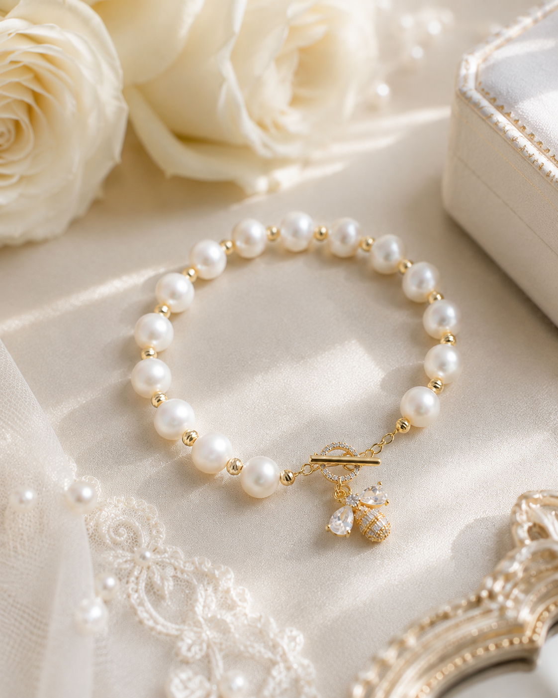 White freshwater pearl bee charm bracelet arranged with bridal lace and roses