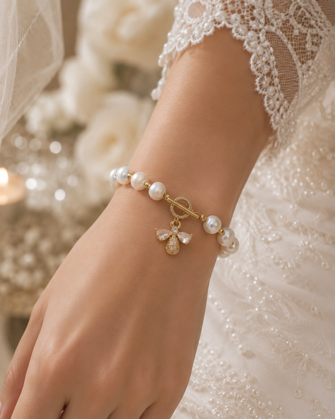 Bride wearing a white freshwater pearl bracelet with a gold-tone bee charm