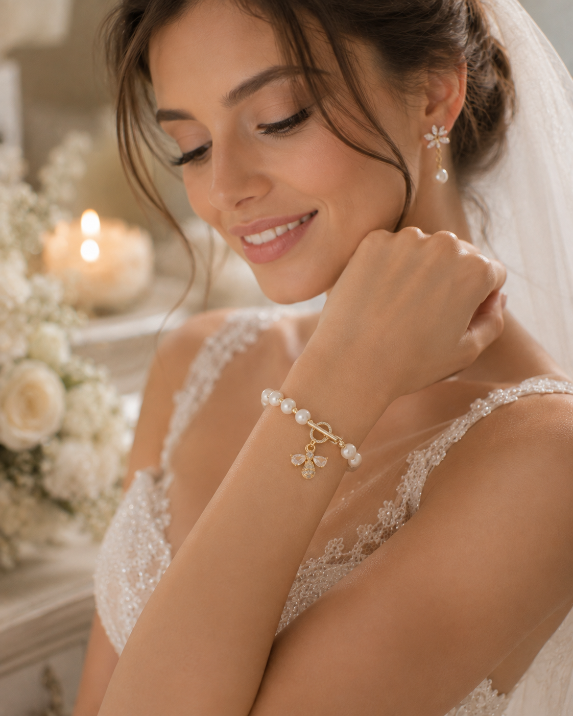 Bride styling a white freshwater pearl bracelet with a delicate bee pendant