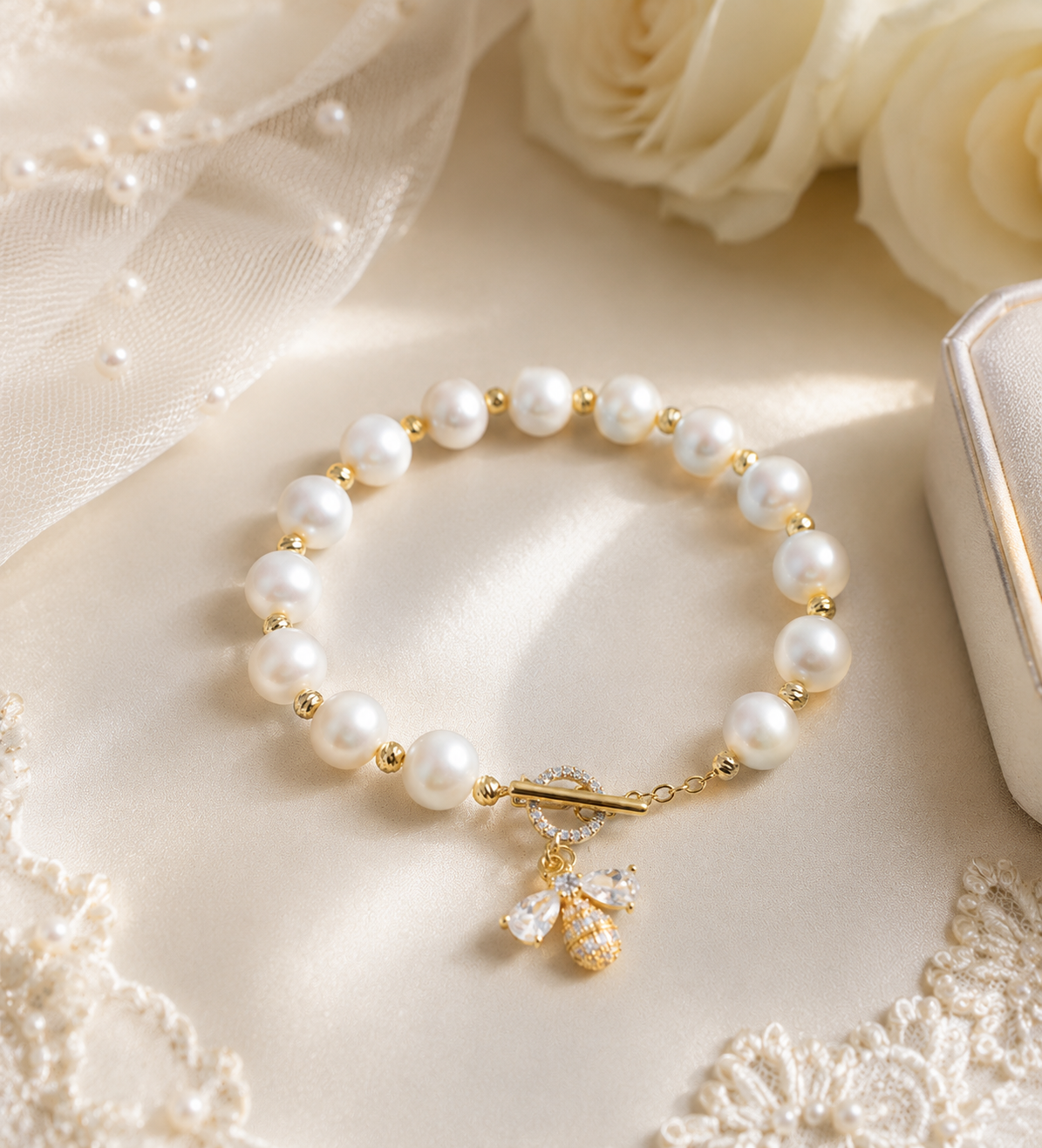 White freshwater pearl bracelet with a gold-tone bee charm displayed on an ivory bridal setting
