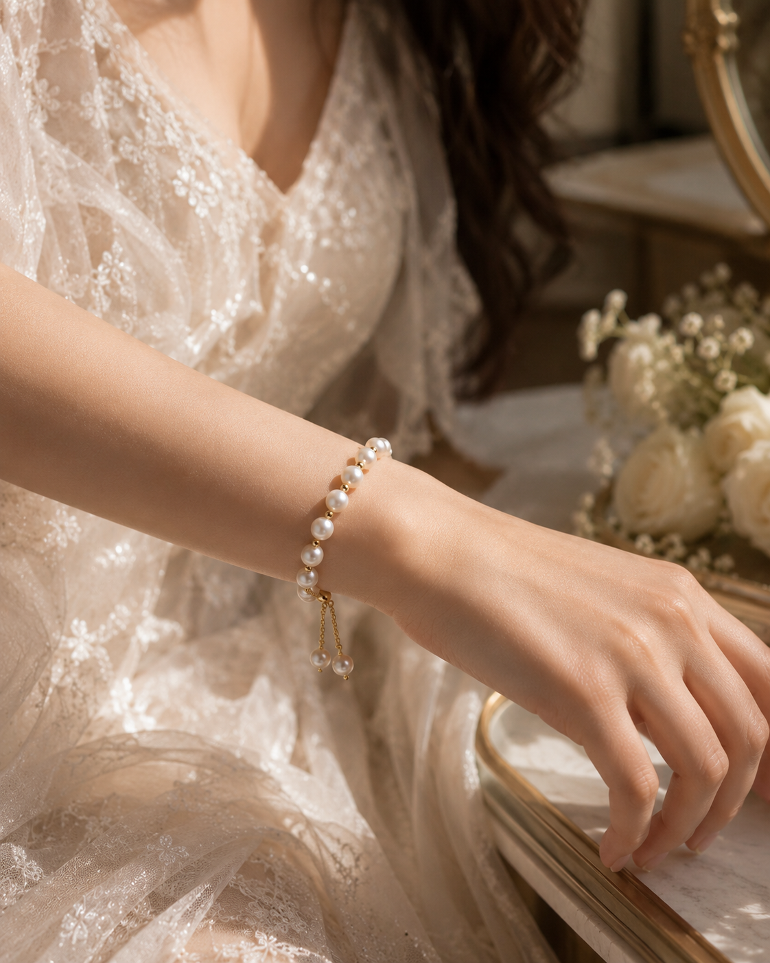 White freshwater pearl bracelet with adjustable double-drop chains styled with a bridal dress