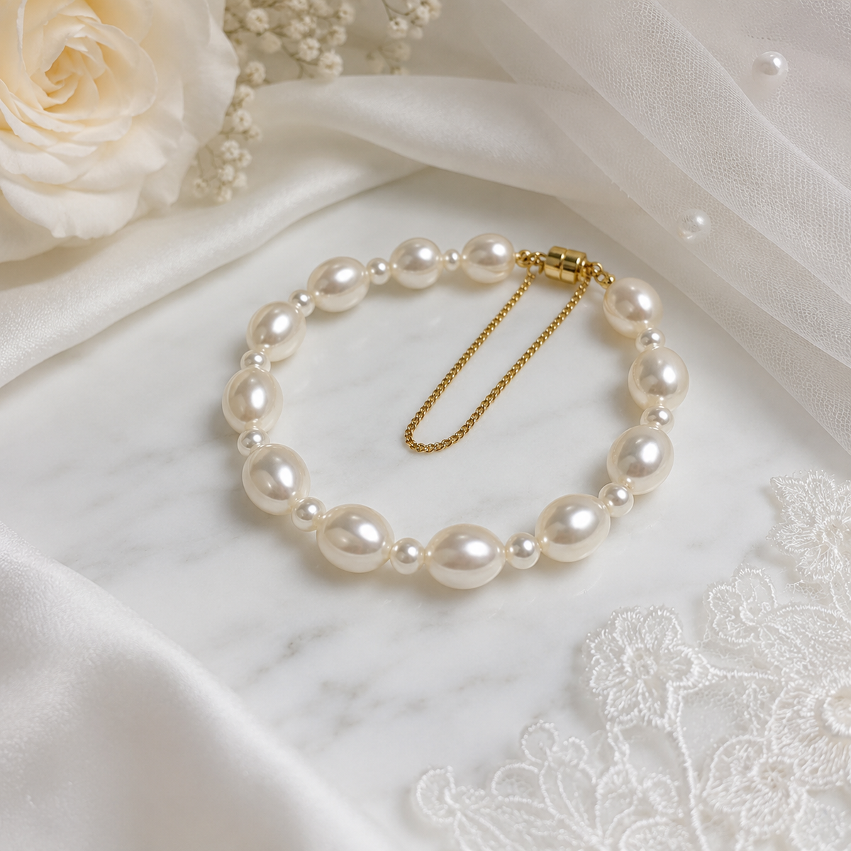 White oval pearl bracelet with smaller round pearl accents and a gold-tone safety chain