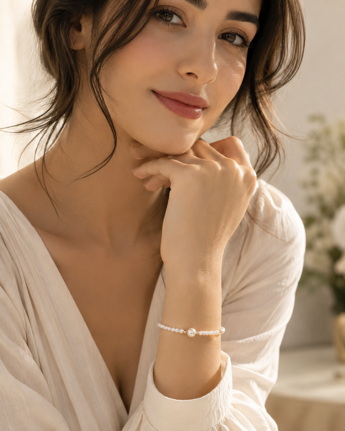 Woman wearing a white pearl centerpiece bracelet with polished gold-tone accents