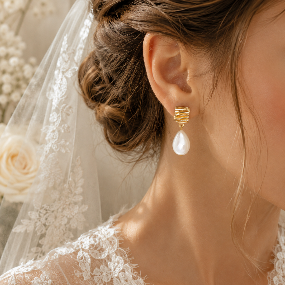 Close bridal view of a white pearl drop earring with a lined gold-tone stud