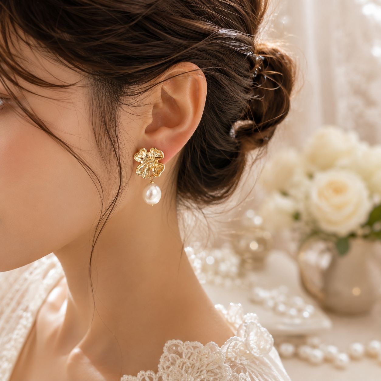 Gold floral and white baroque pearl dangle earrings styled for a bridal look