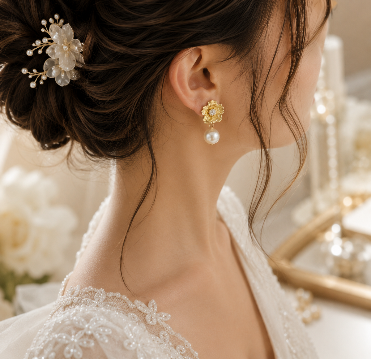 Bridal close-up of gold-tone flower earrings with dangling freshwater pearls