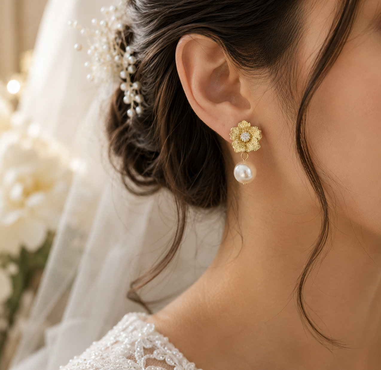Close-up of a textured gold flower earring with a white freshwater pearl drop