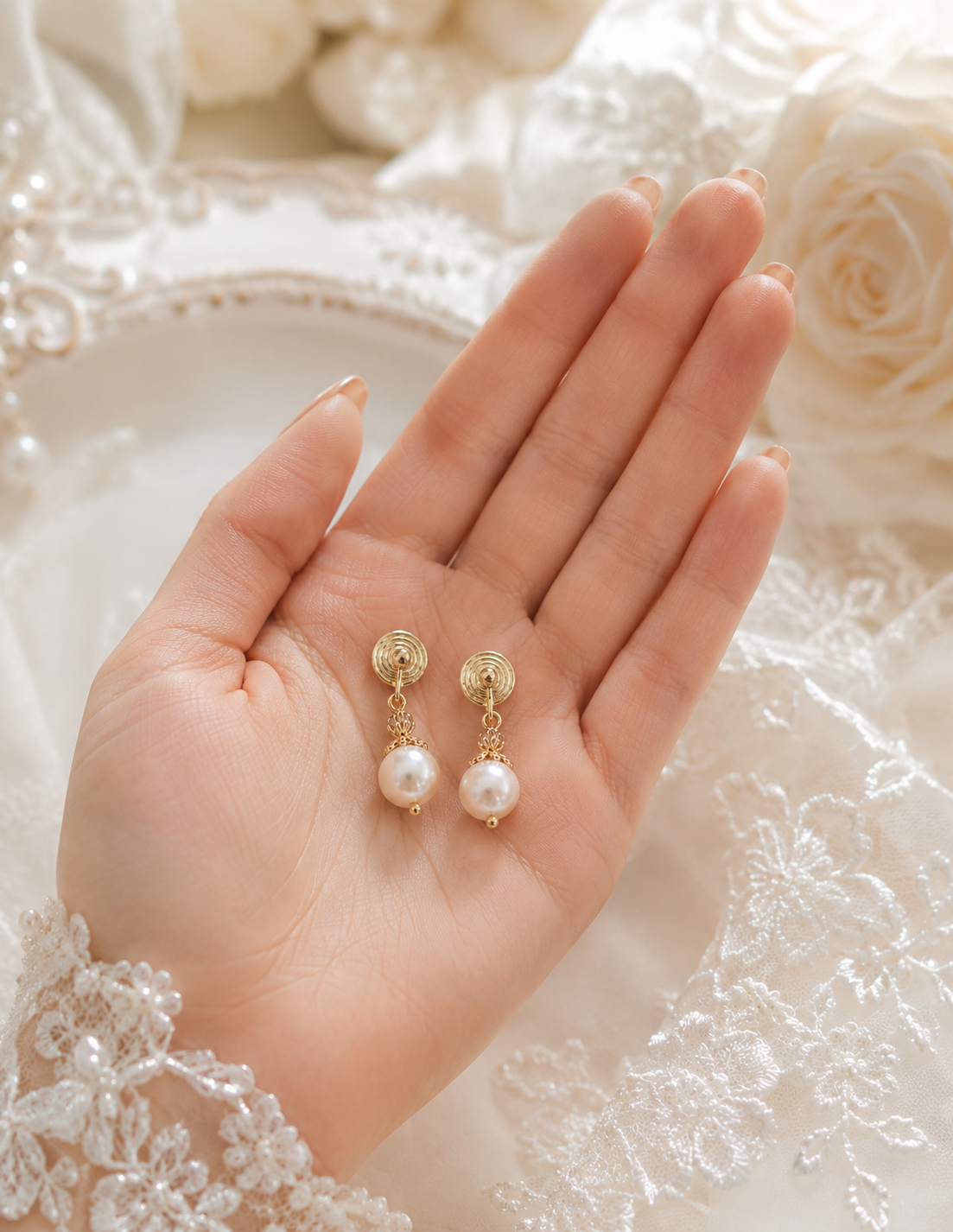 Pair of white freshwater pearl and gold spiral drop earrings displayed in hand
