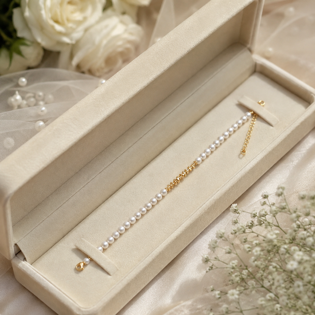 White pearl and gold-tone beaded bridal bracelet displayed in a jewelry box