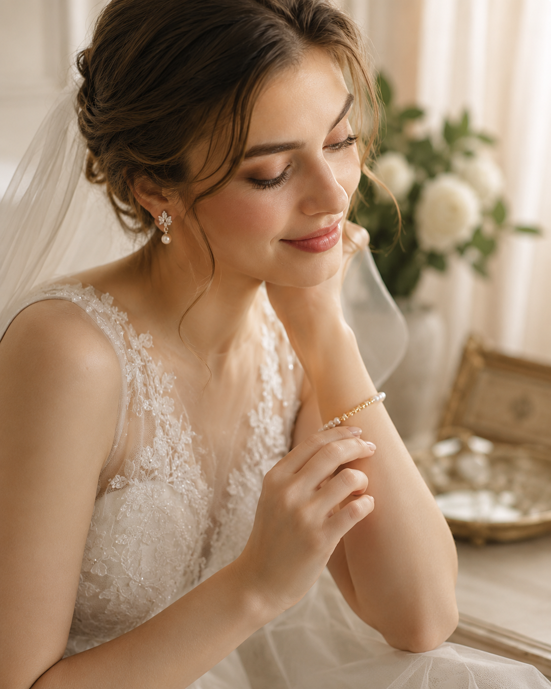 Bridal portrait featuring a white pearl and polished gold-tone beaded bracelet