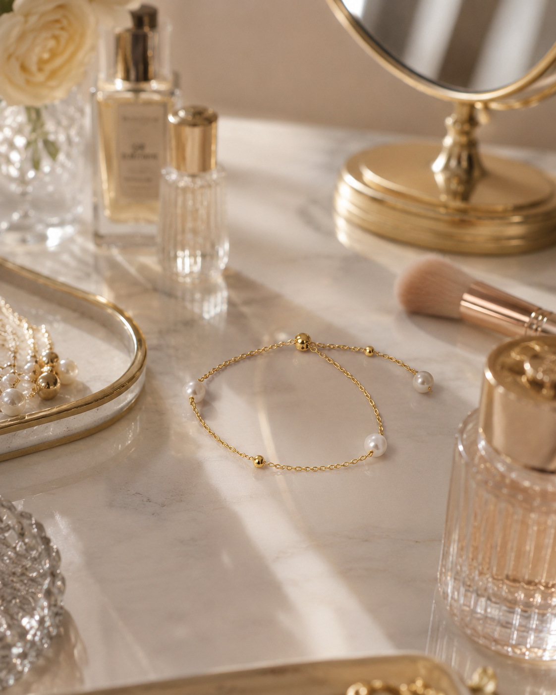 White pearl and gold-tone slider bracelet displayed on a vanity table