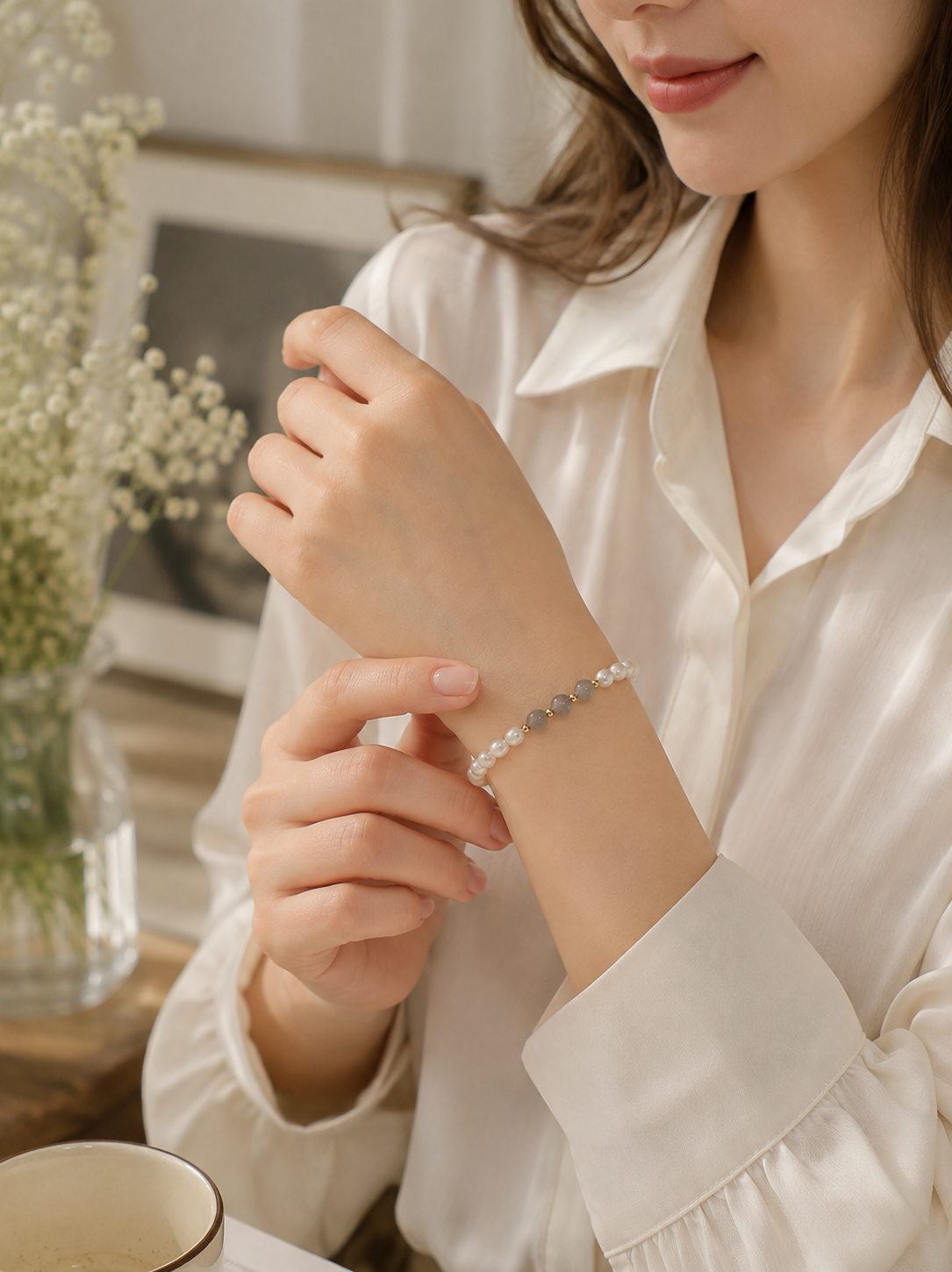 White pearl stretch bracelet featuring translucent gray centerpiece beads and gold-tone spacers