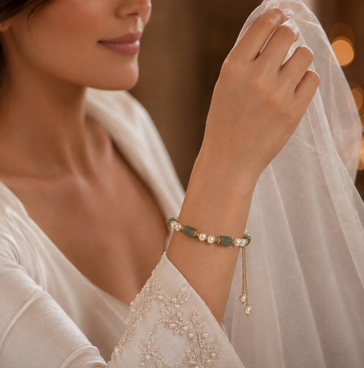 Bridal portrait featuring a white freshwater pearl bracelet with green beads and dangling pearl drops