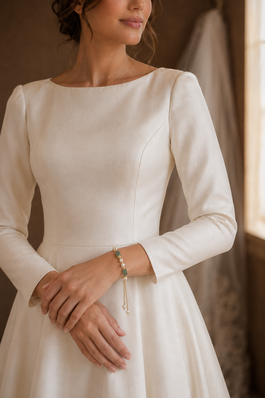 Bride wearing a white freshwater pearl bracelet with green bead and gold-tone details