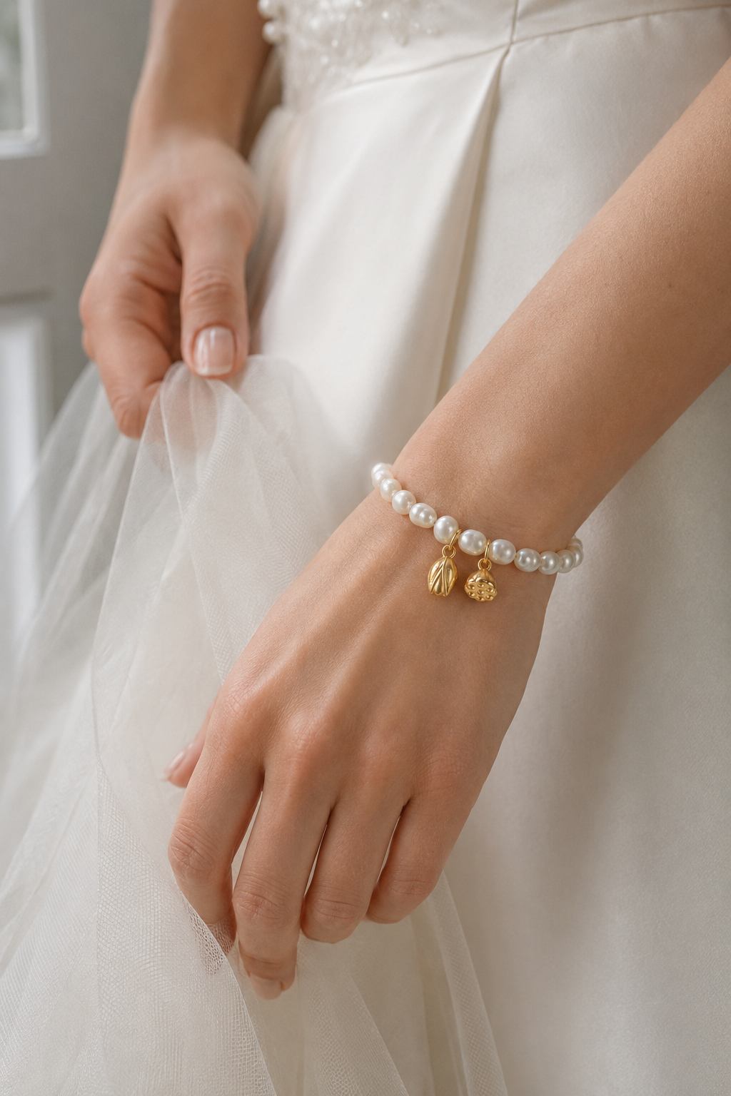 White freshwater pearl bracelet with gold-tone lotus charms styled with a bridal dress