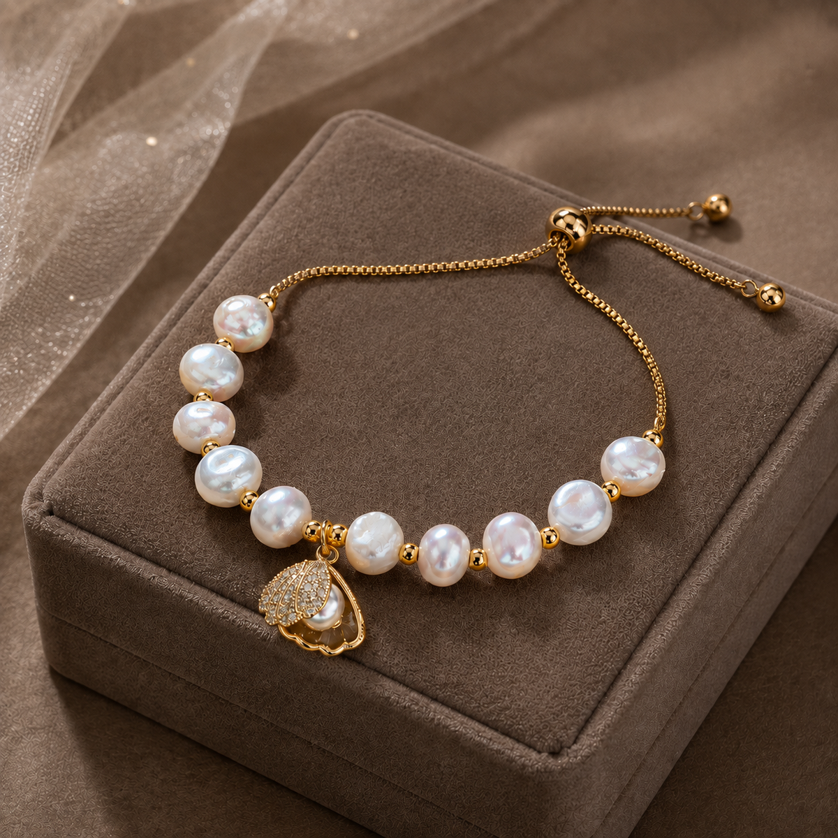 White freshwater pearl shell charm bracelet displayed on a brown jewelry box