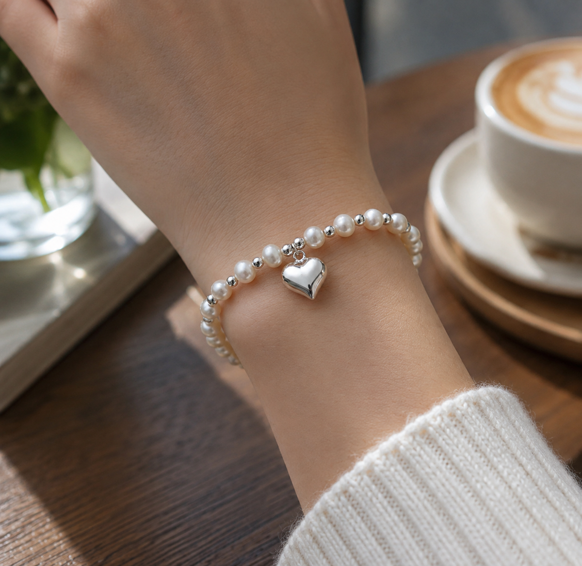 White pearl stretch bracelet with silver-tone beads and a polished heart charm