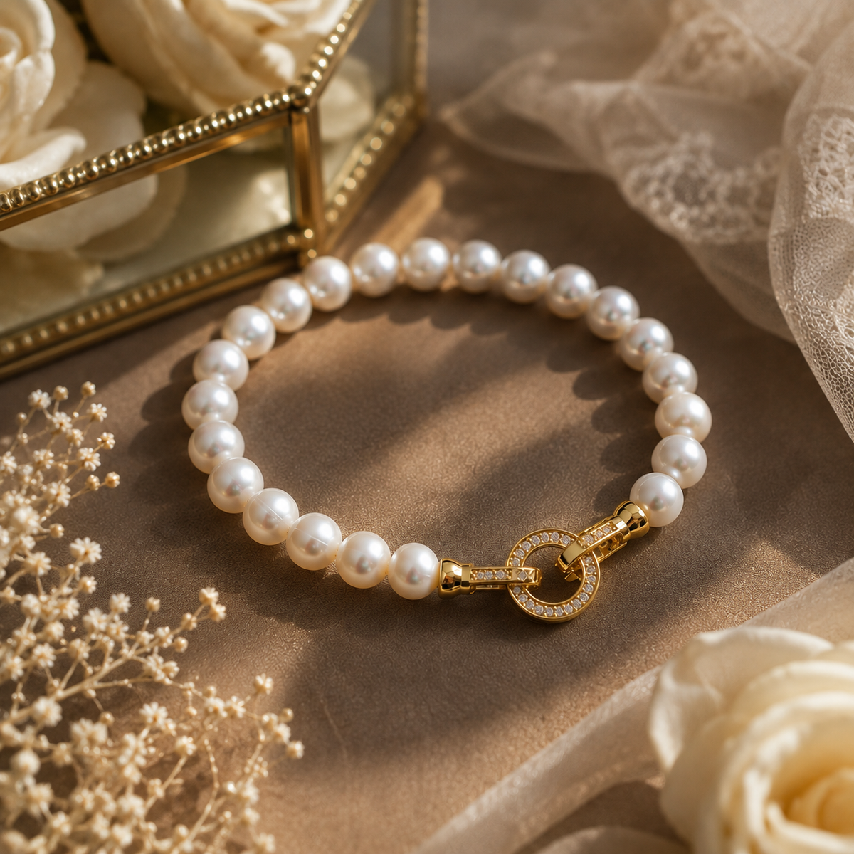 White freshwater pearl bracelet with a decorative circular toggle clasp displayed with bridal accessories