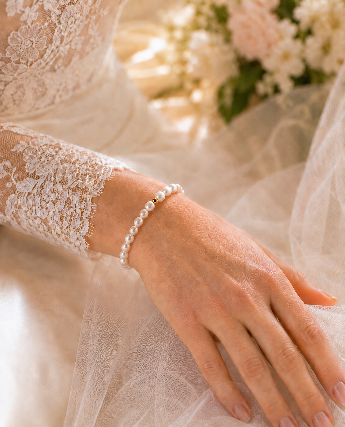 Bride wearing a white rice freshwater pearl stretch bracelet with a gold-tone accent bead