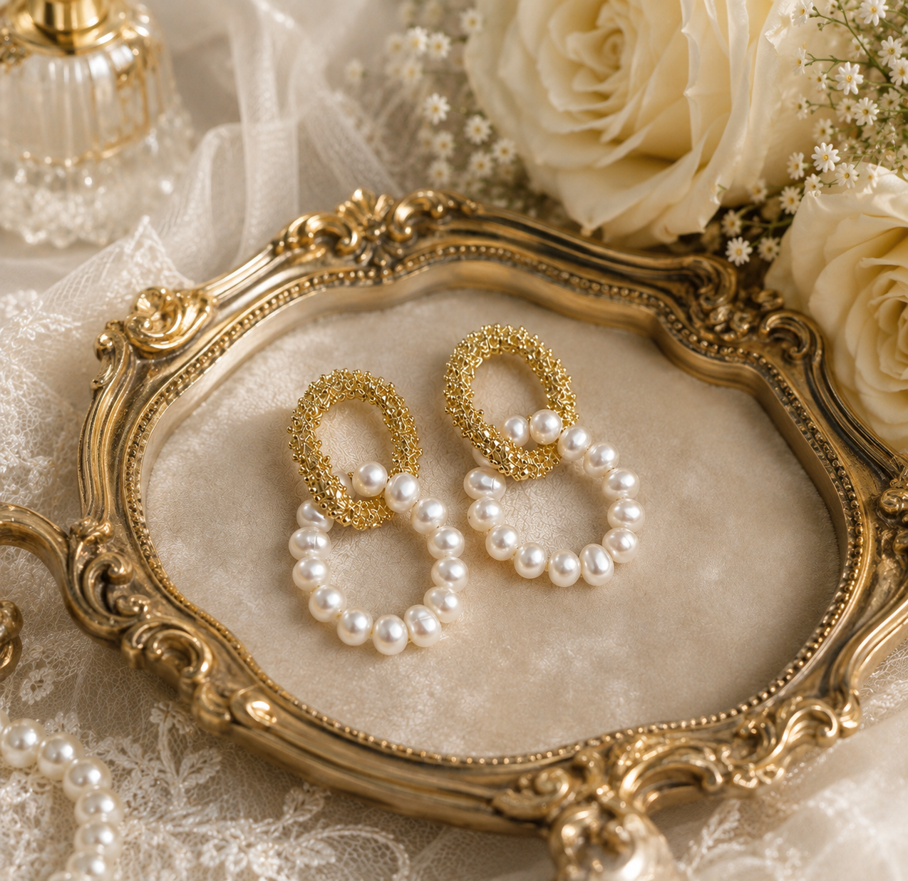 Textured oval and freshwater pearl earrings displayed inside an ornate vintage tray